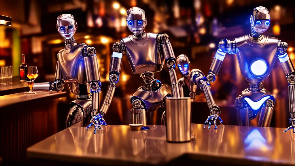 Image similar to robots drinking alcohol, inside a bar, chrome reflection, hyper-realistic, extreme detail, sharp photo, beautiful, cinematic 4K, by Sorayama