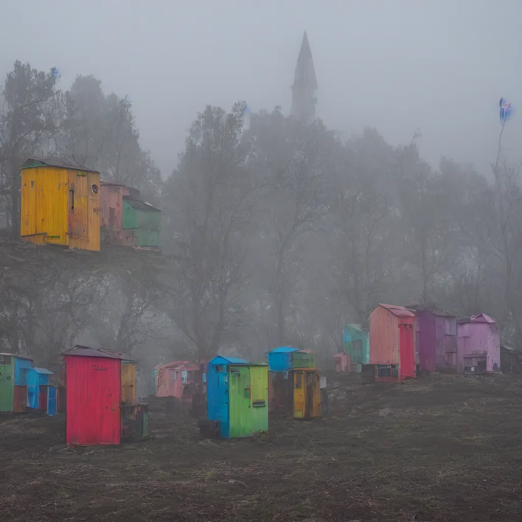 Prompt: two towers, made up of colourful makeshift squatter shacks, uneven fog, dystopia, sony a 7 r 3, f 1 1, fully frontal view, photographed by jeanette hagglund