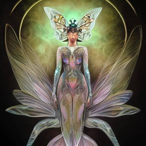 Image similar to photorealistic painting of beautiful art deco faerie queen with glowing eyes, moth wings with geometric patterns, reflective detailed textures, highly detailed dark fantasy science fiction painting, silver and cool colors, extremely detailed, artstation