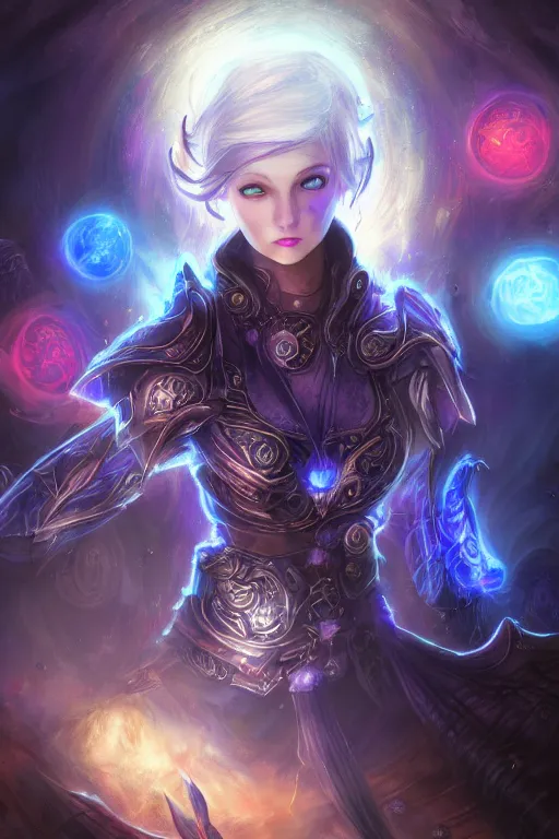 Prompt: Path of Exile, Maven, blue eyes female image with silver purple hair among colourful lights, dark blue spheres fly around, Anachronism, painting, dark fantasy, steampunk, 4k