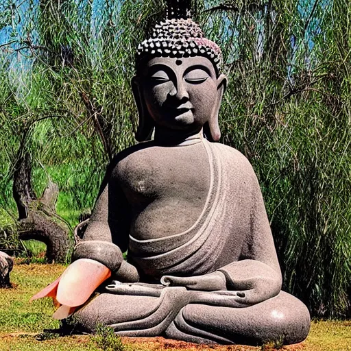 Image similar to “ cute buddha - like pig meditating on top of a large mushroom, large willow tree in the background. ”