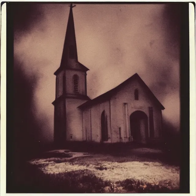 Prompt: very beautiful grainy and gritty polaroid photo of a church on fire