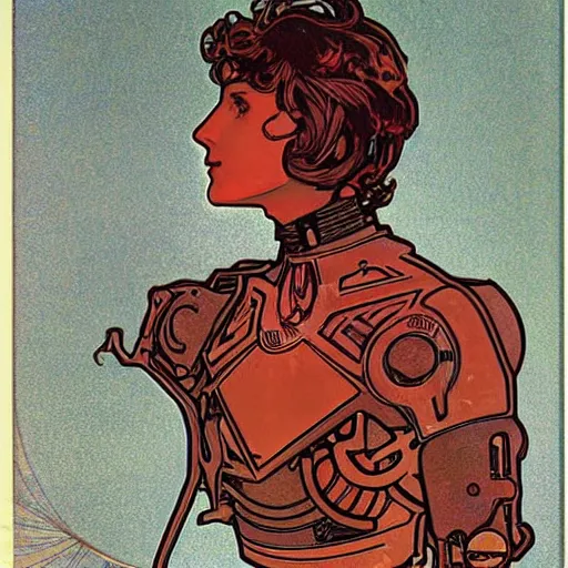 Image similar to handsome beautiful but male humanoid male robot part metal wires with wavy short dark hair, elegant, red lighting, realistic, concept art, smooth, detailed, alphonse mucha and waterhouse,