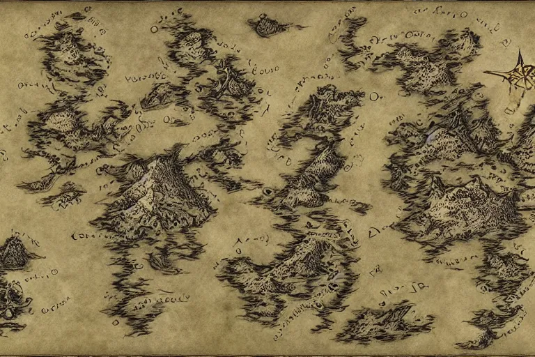 Prompt: simple fantasy map, the land of Odrua, world of Lute, by JRR Tolkien and Brian Froud, Vatican Map Room, fantasy concept painting, Magic The Gathering Art, trending on art station, showing kingdoms, oceans, continents, vast seas, open plains, swamps, a compass rose, baroque frame border