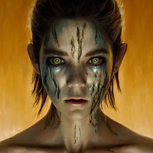 Image similar to expressive oil painting, alien dark fae woman based on jennifer connelly mixed with anya taylor - joy, screaming rage, bumpy mottled skin, big black feathered wings instead of arms, body horror, by yoshitaka amano, by greg rutkowski, by jeremy lipkinng, by artgerm, digital art, octane render