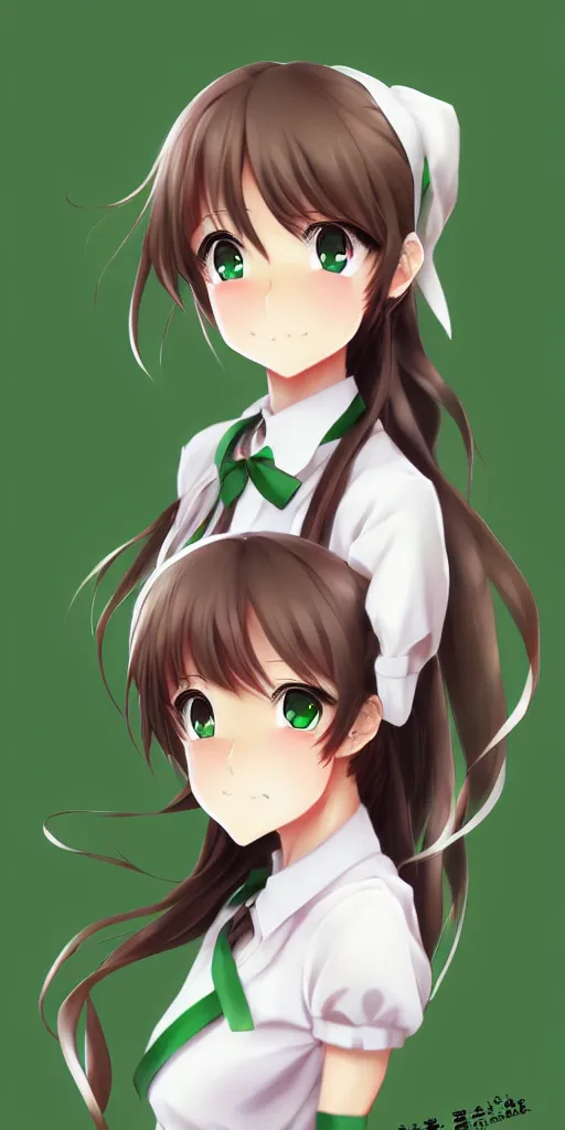 Prompt: beautiful anime high school girl, complete body view, brown hair, ponytail, white ribbon, green eyes, full perfect face, slightly smiling, detailed background, drawn by Artgerm, Sasoura, Satchely, no distorsion