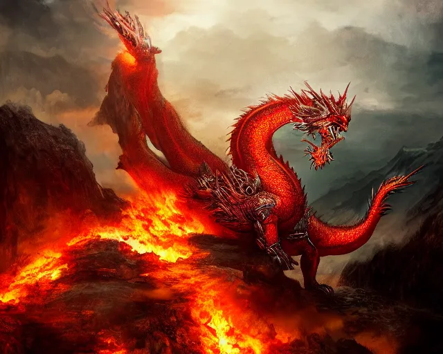Prompt: giant fire dragon standing on a mountain, highly detailed, 4 k, hdr, award - winning, directed by zack snyder, trending on art station, matte