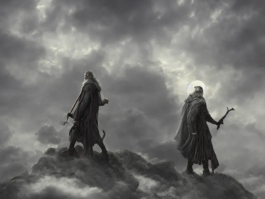 Prompt: Odin the wanderer in a grey cloak with his staff travelling walking on a path with clouds above him, neo-romanticism, norse mythology