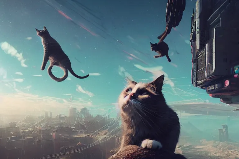 Prompt: cat high up in the sky, cyberpunk art by mike winkelmann, trending on cgsociety, retrofuturism, reimagined by industrial light and magic, darksynth, sci - fi
