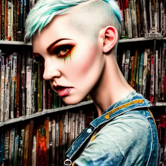 Image similar to full body pose, beautiful adult fairy, short white hair shaved sides, dirty, grungy, grunge, long sleeve, painted overalls, stacks of giant books, highly detailed, 4 k, hdr, smooth, sharp focus, high resolution, award - winning photo, artgerm, photorealistic