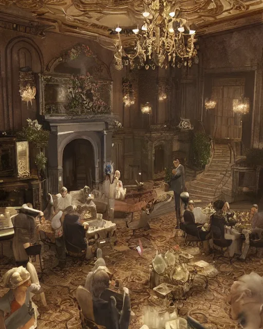 Prompt: craig mullins and ghibli digital painting of a 1 9 2 0 s grand party in a beautiful mansion, many partygoers, unreal engine, hyper realism, realistic shading, cinematic composition, realistic render, octane render, detailed textures, photorealistic, ultrawide shot, 3 5 mm film