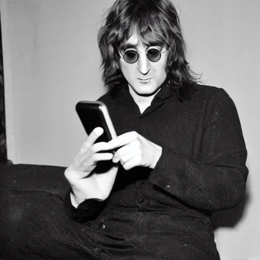 Image similar to photo of john lennon holding a smartphone in his hand