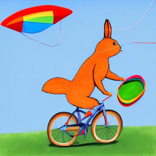 Image similar to a humanoid rabbit riding a bicycle while flying a kite, digital painting