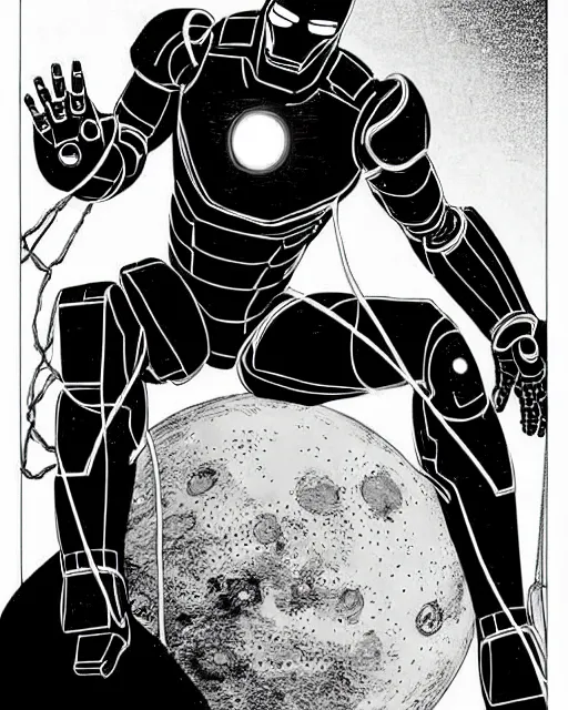 Image similar to black and white sad iron man with wires on hands on the destroed moon, iron man eat banana, wires earth background, by tsutomu nihei