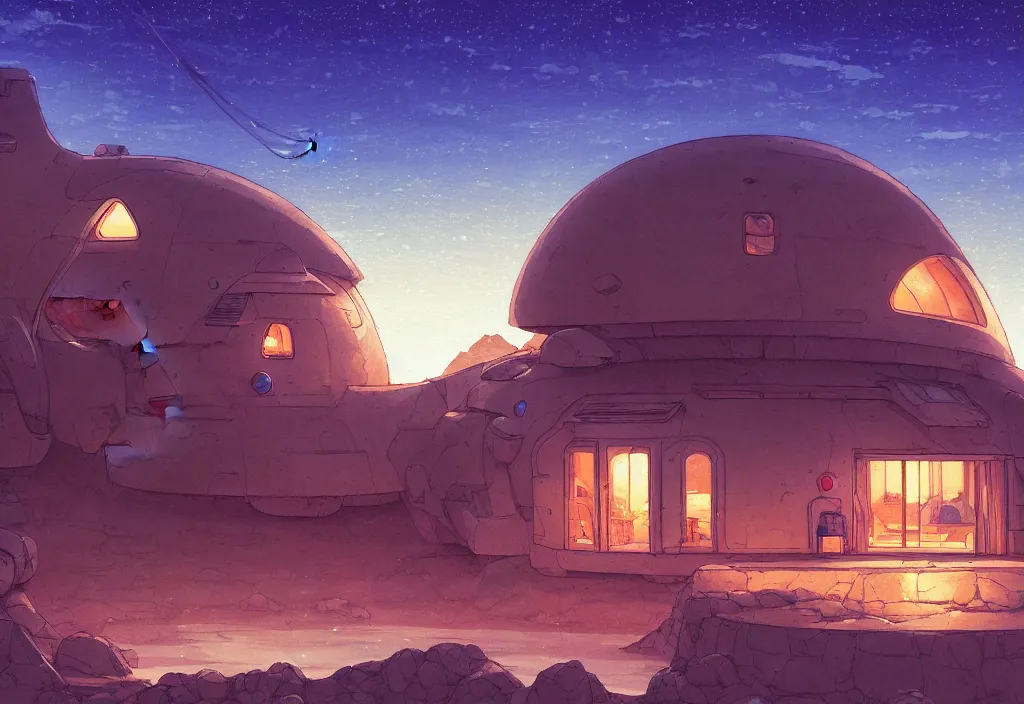 Prompt: sci - fi chubby house in the desert at night, rain, water, rocks, mountain, river, intricate oil painting, high detail illustration, sharp high detail, manga and anime 1 9 9 9, official fanart behance hd artstation by jesper ejsing and makoto shinkai, 4 k,