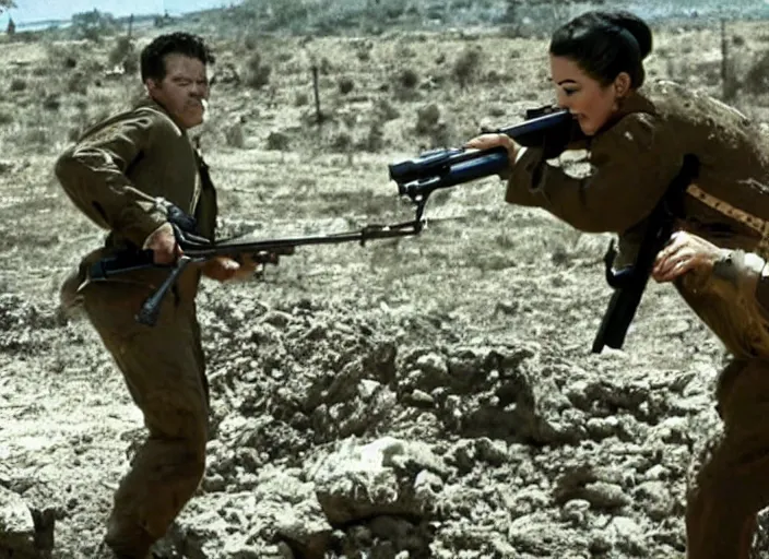 Prompt: a film still of kim kardashian as a soldier firing a rifle over a dirty trench with her top slightly open neckline. backround : warfield