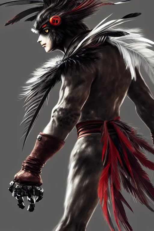 Image similar to Tekken 4 fighter anime Stunning Portrait right side profile giant Robot Owl with feathers all over its body, short black feathers with a samurai sword on its back, in a fighting stance, digital painting, artstation, concept art, soft light, hdri, smooth, sharp focus, illustration, art by tian zi, craig mullins, Mark Arian, WLOP, alphonse mucha