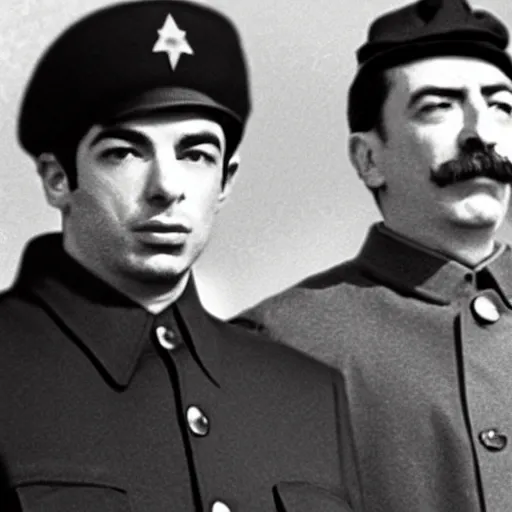 Image similar to Nathan For You, Nathan Fielder, Standing next to Joseph Stalin, Winter coats, somber solemn black and white photo