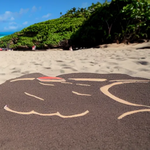 Prompt: three robots at a beach in hawaii. locoprop is written in sand. robots are drinking cocktails