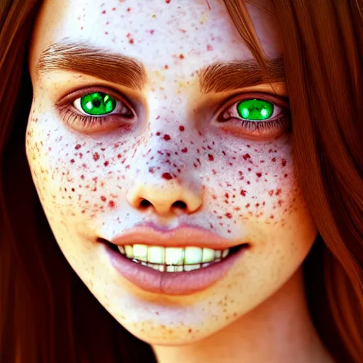 Image similar to portrait of a cute thin young woman, bronze brown hair, eye color is emerald green, red blush, cute freckles, smug smile, modern clothes, relaxing on the beach, golden hour, close up shot, 8 k, art by irakli nadar, hyperrealism, hyperdetailed, ultra realistic