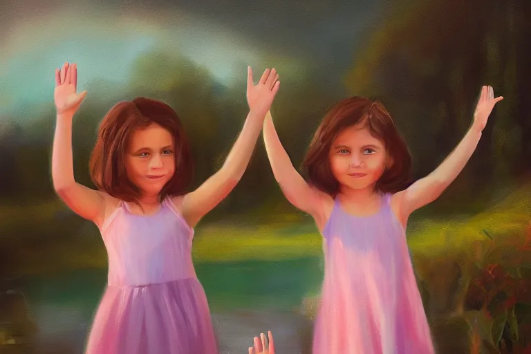 Prompt: portrait painting of cute little kids waving their hands, full body framing, dreamy matte colors, from a dreamy garden by the lake, night time, photorealistic faces and skin tones, volumetric lighting, smooth, trending on artstation, moonlit backdrop, 4 k