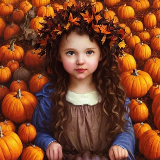 Prompt: a cute little girl with light brown wavy curly hair and blue eyes sitting amidst piles of pumpkins. beautiful cute highly detailed face. she is wearing a crown of autumn leaves. autumn and fall and halloween themed painting by artgerm and greg rutkowski and bouguereau.