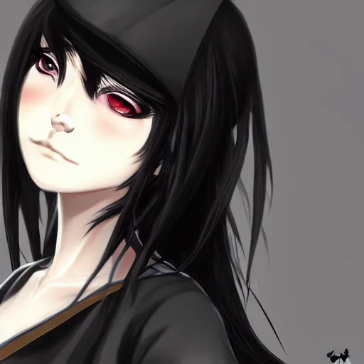 Image similar to front-facing headshot of a young gothic anime woman with black hair and golden highlights, wearing pretty makeup, drawn by WLOP, by Avetetsuya Studios, anime drawing, trending on artstation