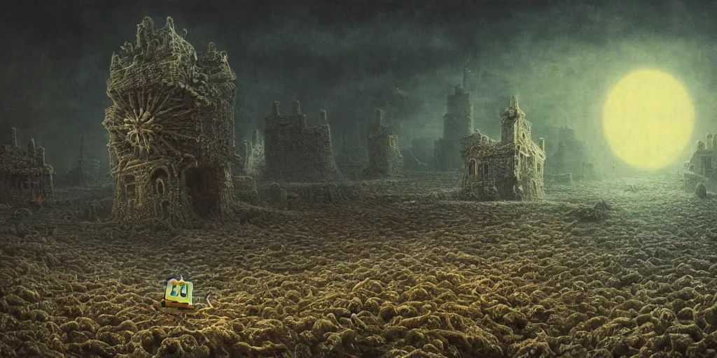 Image similar to spongebob drawn by beksinski, realistic 4 k octane beautifully detailed render, 4 k post - processing, highly detailed, intricate complexity, epic composition, magical atmosphere, cinematic lighting, masterpiece, ultra hd