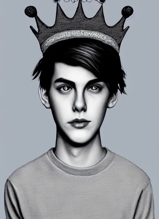 Image similar to portrait of teenage jughead jones wearing a light grey crown, photorealistic, crown, sweater with letter s on it, hamburger, eyes closed, crown, black hair, intricate, elegant, glowing lights, highly detailed, digital painting, artstation, concept art, smooth, sharp focus, illustration, art by wlop, mars ravelo and greg rutkowski