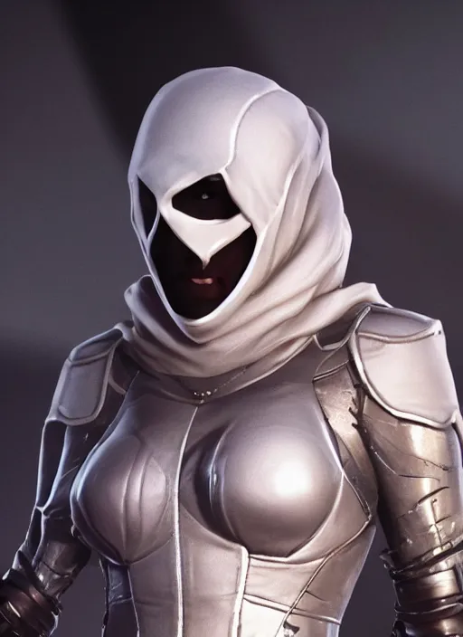 Image similar to female moon knight, hyper detailed, digital art, trending in artstation, cinematic lighting, studio quality, smooth render, unreal engine 5 rendered, octane rendered