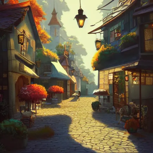 Image similar to beautiful cute cozy very little cafe on a cobblestone street, golden morning light, simple fantasy anime style of hayao miyazaki, digital art trending on artstation