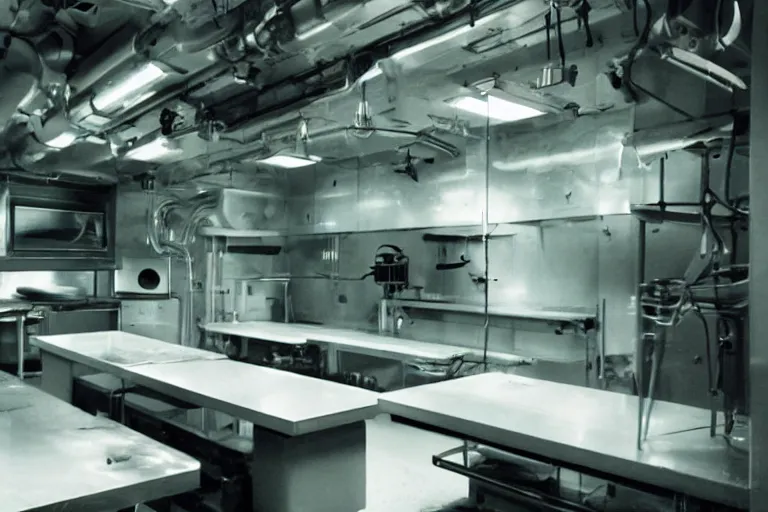 Prompt: underground lab kitchen, sci-fi, ancy, futuristic, technology, realistic, 80k, 8mm, Grainy, Panavision