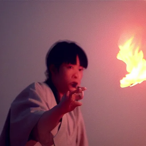 Prompt: cinematic film still of rapper JID starring as a Japanese Sensei with fire, Japanese CGI, VFX, 2003, 40mm lens, shallow depth of field, film photography