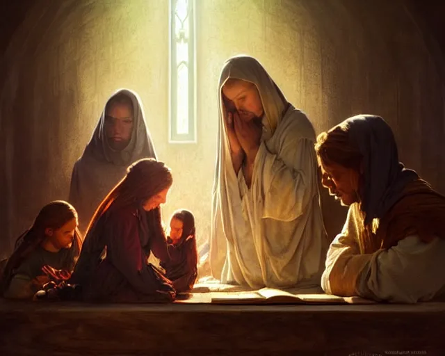 Prompt: poor hungry family praying to a cross, emotional sad painting, very poor, medieval peasants, fantasy, cruel, dramatic lighting, intricate, wild, highly detailed, digital painting, artstation, concept art, smooth, sharp focus, illustration, art by artgerm and greg rutkowski and alphonse mucha