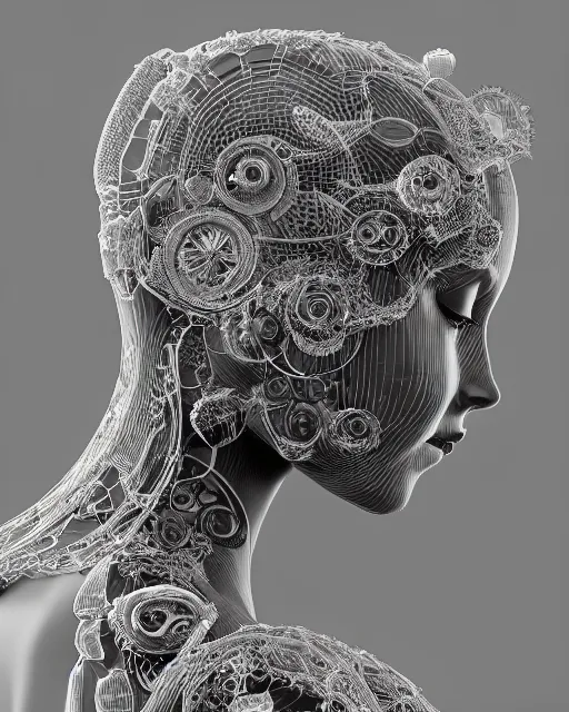 Image similar to mythical dreamy black and white organic bio-mechanical spinal ribbed profile face portrait detail of translucent steampunk beautiful female angelic-human-queen-vegetal-cyborg, highly detailed, intricate trnaslucent ivy jelly ornate, poetic, translucent roses ornate, 3D render, digital art, octane render, 8K artistic photography, photo-realistic, by Dora Maar