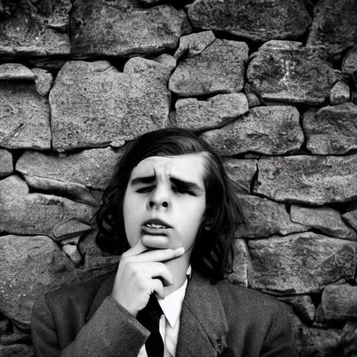 Image similar to Portrait of an utterly terrified young man on the verge of panic tears in 1930s attire with long hair cornered against a stone wall. He looks utterly panicked and distressed. 4K sigma 85mm