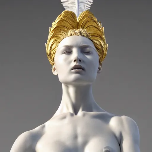 Prompt: a statue made of white marble with gold veins, of an beautiful angel girl, full body shot, perfect symmetrical body, perfect symmetrical face, no eyes, hyper realistic, hyper detailed, fujicolor superia 1 6 0 0 photo, by peter kemp, by monia merlo octane render, blender, 8 k