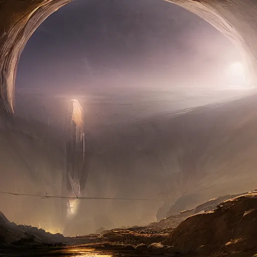 Image similar to a tunnel in the sky with a light at the end, a detailed matte painting by john martin, cgsociety, fantasy art, matte painting, volumetric lighting, terragen