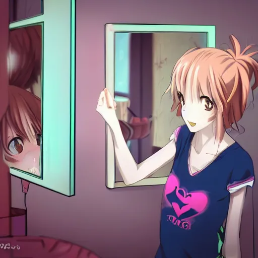 Image similar to an anime girl looking at a mirror