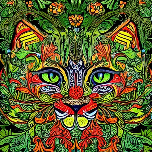 Prompt: colourful ornate decorative green man as a cat face by louis wain and william morris, closeup, twisting leaves, 8 k, artstation