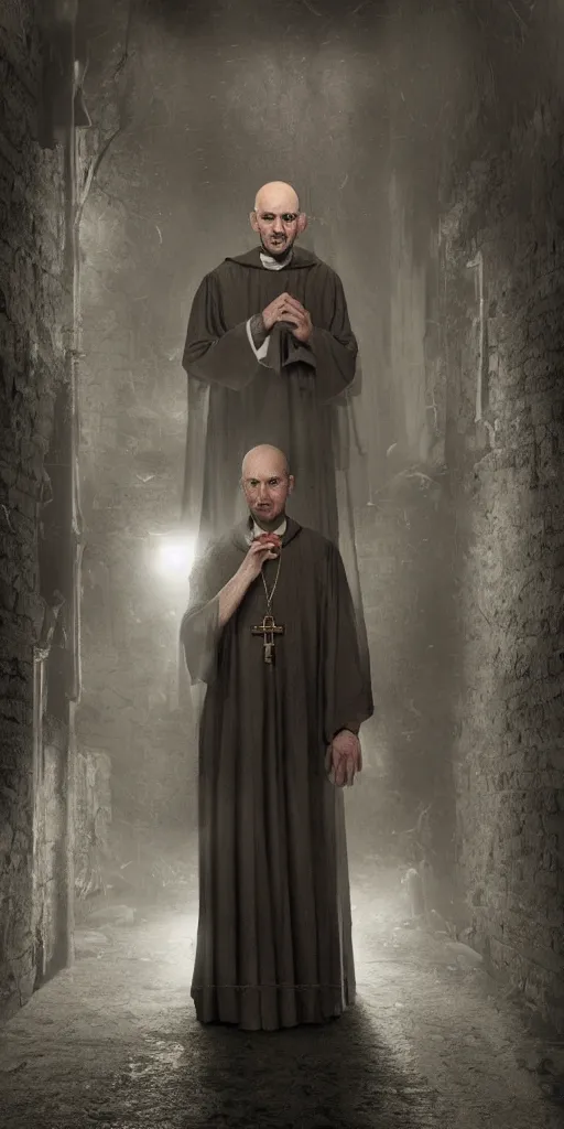 Image similar to a highly realistic and detailed full Priest standing in a dark dirty basement holding a rosary, wide angle 70mm lens, volumetric haze, front facing camera, symmetrical, photorealistic, insanely detailed and intricate, epic, hyper realistic, elegant, ornate, elite, horror, creepy, ominous, haunting, cinematic lighting, unreal engine, cinematic centered camera, high detail, no blur, unreal engine 8k