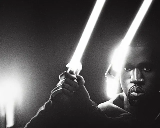 Image similar to a high definition photograph of Kanye West seriously holding a lightsaber, in moody lighting, high contrast, dark shadows