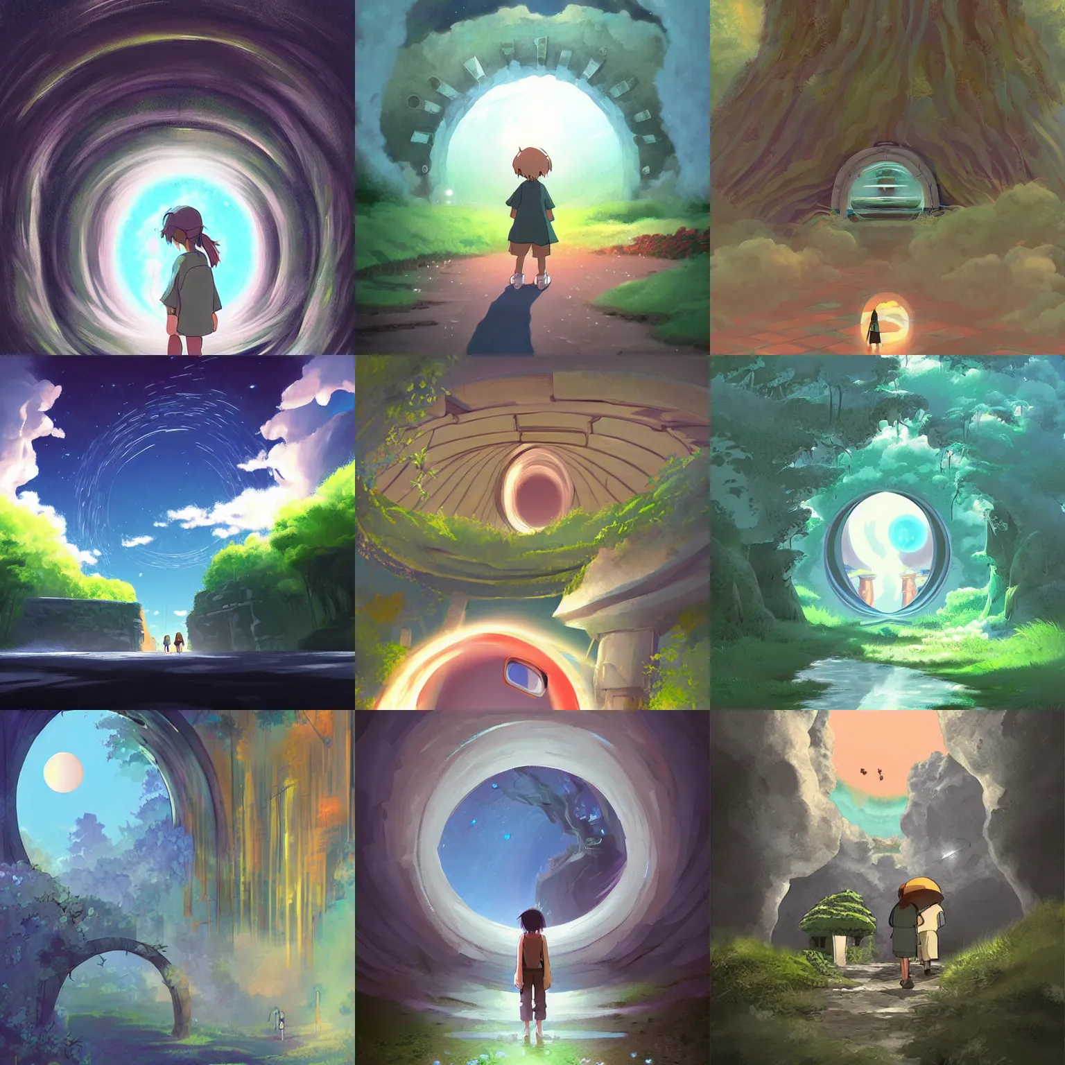 Prompt: portals to other worlds, digital painting, concept art, smooth, sharp focus, illustration by studio ghibli