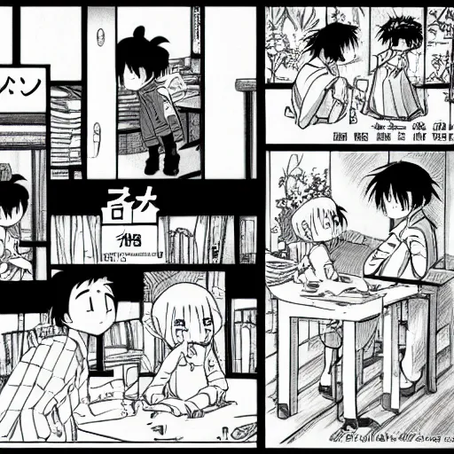 Prompt: Japanese Hayao Miyazaki manga, black and white, manga comic, four panel 4 koma, Naoko Takeuchi manga, shoujo ai manga, school classroom, multi panel comic, japanese text