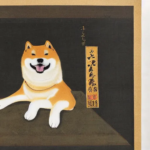 Image similar to portrait of shiba inu dog as japanese emperor, japanese painting 1 4 0 0