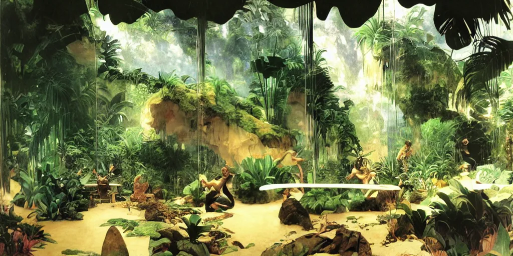 Image similar to a tropical cave that renovate as a luxury interior by syd mead, frank frazetta, ken kelly, simon bisley, richard corben, william - adolphe bouguereau