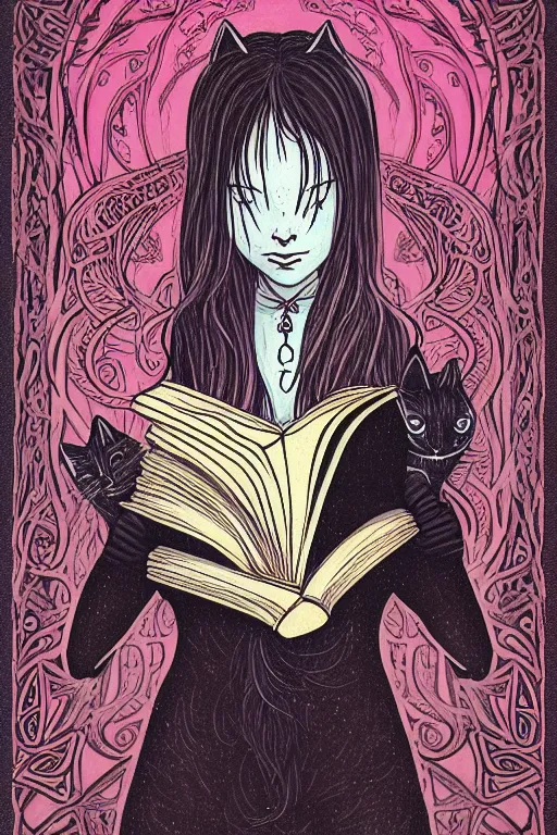 Image similar to ai illustration of romantic girl, her cat and her book of necronomicon, symmetrical, cinematic, sharp focus, 4 k, ultra hd, sense of awe, sinister demonic atmosphere, dreadful, forbidden knowledge, old gods, cthulhu, yog - sothoth! yah, yah, yah! cultist journal cover