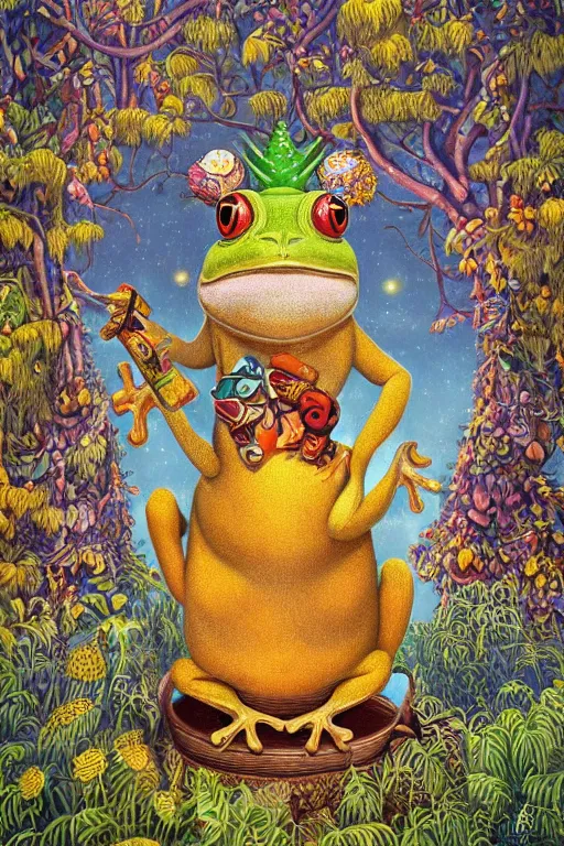Image similar to a giant amazonian fairy tale tree frog with a ceramic pot on his head like a crown walking upright on a yellow sky background, lowbrow, minimalistic, louis wain, magical realism, kevin sloan,