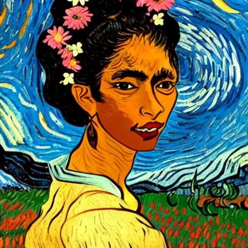 Image similar to beautiful dark skinned mexican woman, dancing in a field of flowers, prominent rosy cheek bones, black hair and brown eyes, van gogh art style,