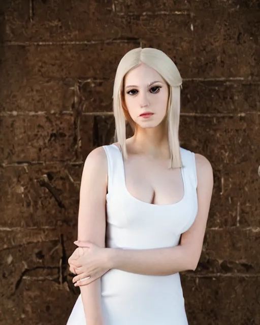 Image similar to 2 8 mm portrait of gorgeous emily skinner cosplaying annie leonhart wearing tight white dress, pale skin, rule of thirds, cinematic lighting, sharp focus, backlit, stunning, smooth, hard focus, glamour pose, full body shot, octane 8 k, higly detailed